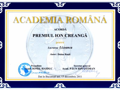 Premiul Academiei Române pentru romanul Lizoanca la 11 ani