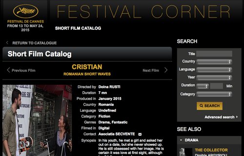Cristian , short movie, Cannes, Corner. About the homonymous story - Doina Ruști